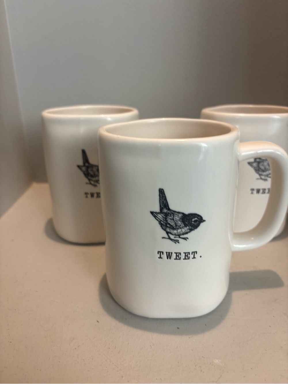 3 Rae Dunn BIG M Magenta TWEET Bird Ceramic Mug cup 16 oz. Coffee bar tea nature